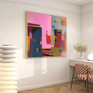 Pink and Green Urban Abstract square wall art, geometric color blocks in pink, blue, green, red, yellow, framed in gold