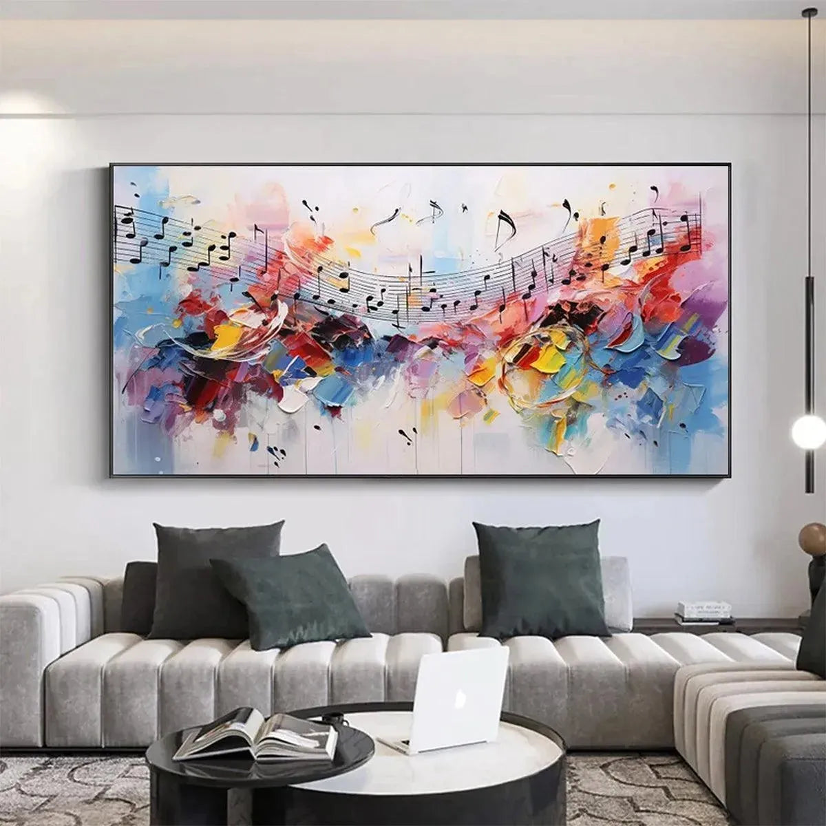 "Melody in Color" abstract wall art with musical notes & vibrant washes, complementing a modern living room.