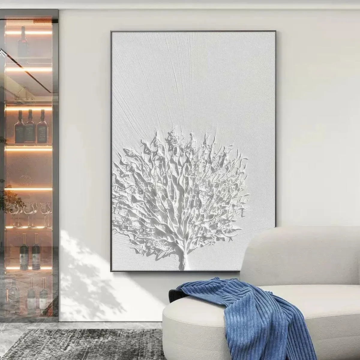 White Textured Tree art by Elodie Dubois, textured white wall art in a black frame, perfect for contemporary spaces.