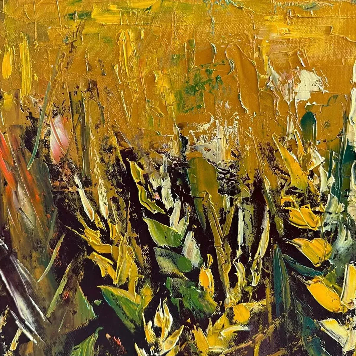 Isabella Rossi's Golden Sunset Field: Wheat field painting, warm golden hues, textured brushstrokes, original framed artwork.
