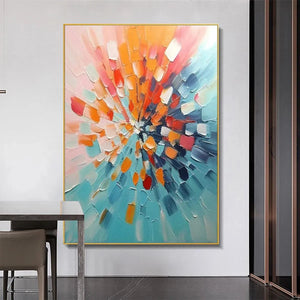 Vertical 'Radiant Burst' textured abstract art, vibrant strokes, gold frame, modern interior.