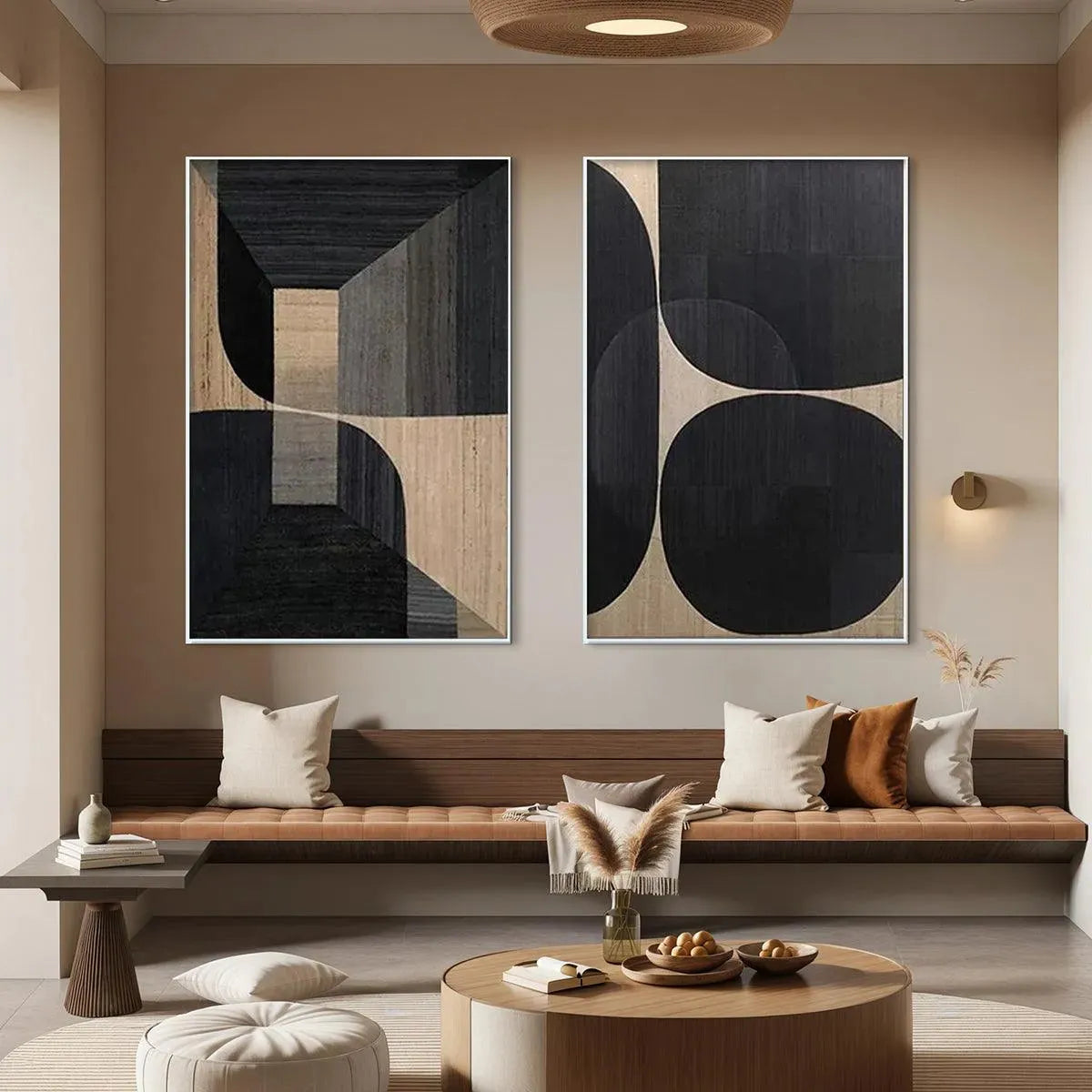 Minimalist Geometric Diptych black grey beige abstract wall art set of 2 in modern living room