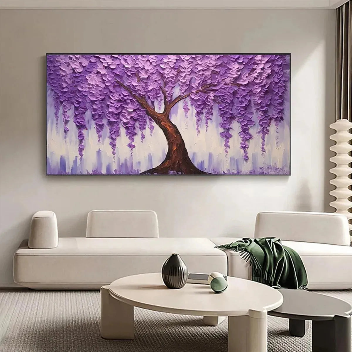 Textured Purple Wisteria painting by Elodie Dubois, elegantly displayed in a modern, minimalist living room.