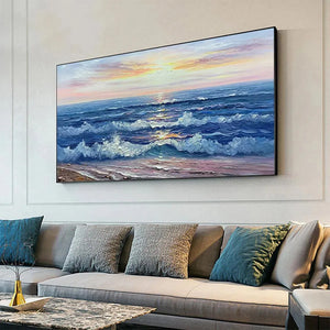 Golden Sunset Serenade panoramic ocean painting in modern living room with grey sofa.