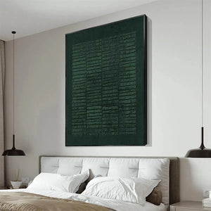 Javier Ramirez Dark Green Textured Grid painting, minimalist artwork, modern decor, green textured surface, framed.
