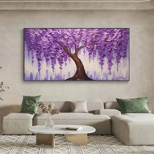 Textured Purple Wisteria art by Elodie Dubois, showcasing its scale over a neutral sofa in a modern living room.