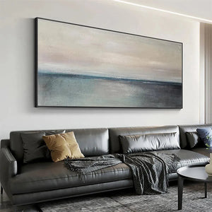 Serene Horizon painting by Liam O'Connell, framed horizontal wall art, minimalist style, muted colors, modern interior design.