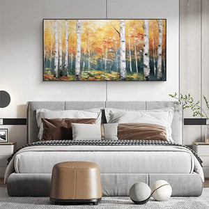 Golden Birch Grove impasto art with white birch trunks, golden yellow foliage, complementing a modern grey bedroom.