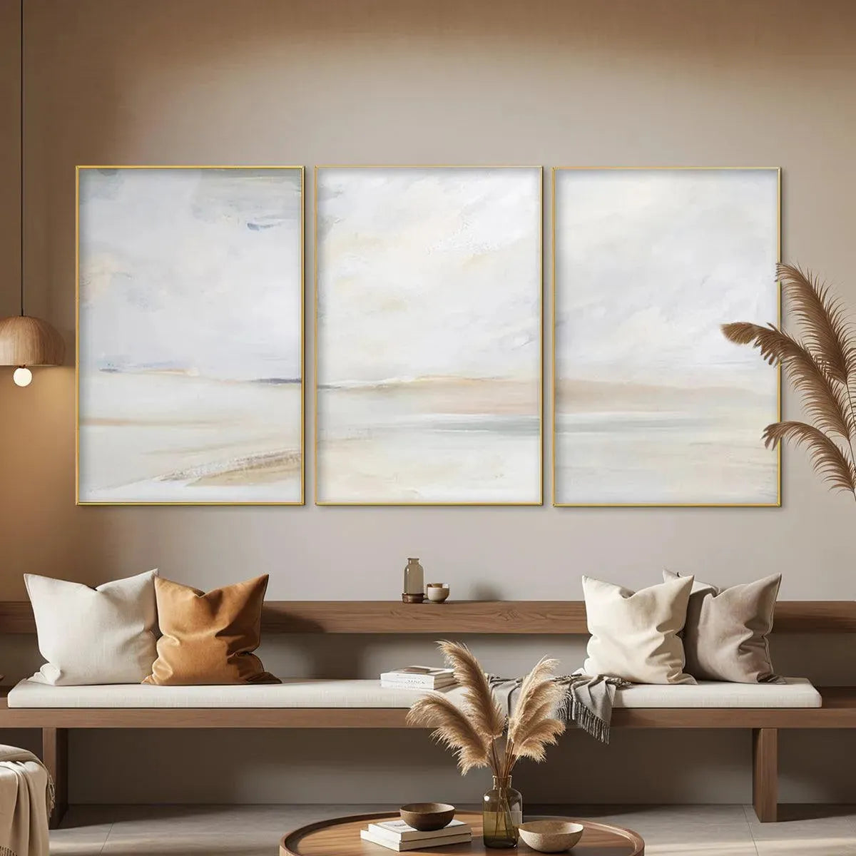 Abstract Beach Triptych by Liam O'Connell, minimalist beach painting set with gold frames and neutral colors.