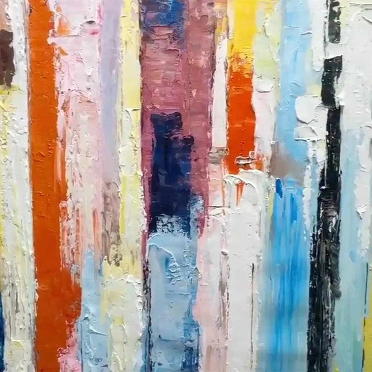 COLOR HARMONY abstract painting with impasto vertical stripes in orange, pink, blue, yellow and white by Willow Davies