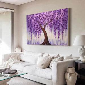 Large textured Purple Wisteria art by Elodie Dubois over white sofa.