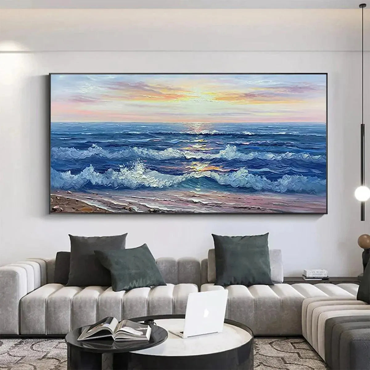 Panoramic Golden Sunset Serenade ocean art above modern gray sofa, ideal for living room decor.