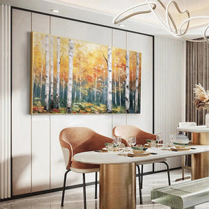 Golden Birch Grove painting with yellow & white birches in a modern dining room with terracotta chairs.