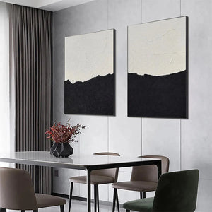 Black and white abstract landscape diptych by Liam O'Connell, vertical wall art with textured surface, modern decor