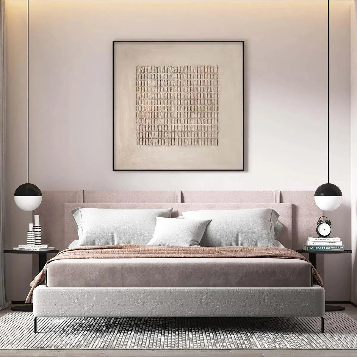 Beige Grid textured painting by Javier Ramirez above a bed in a modern bedroom