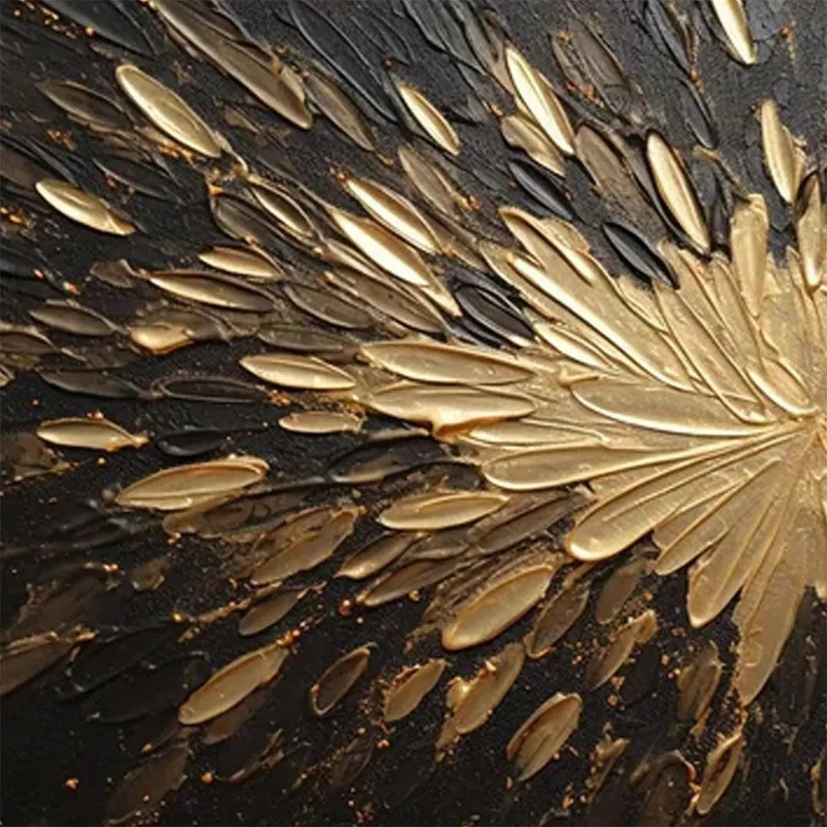 Textured impasto gold abstract painting on black background. Close-up, depth and detail.