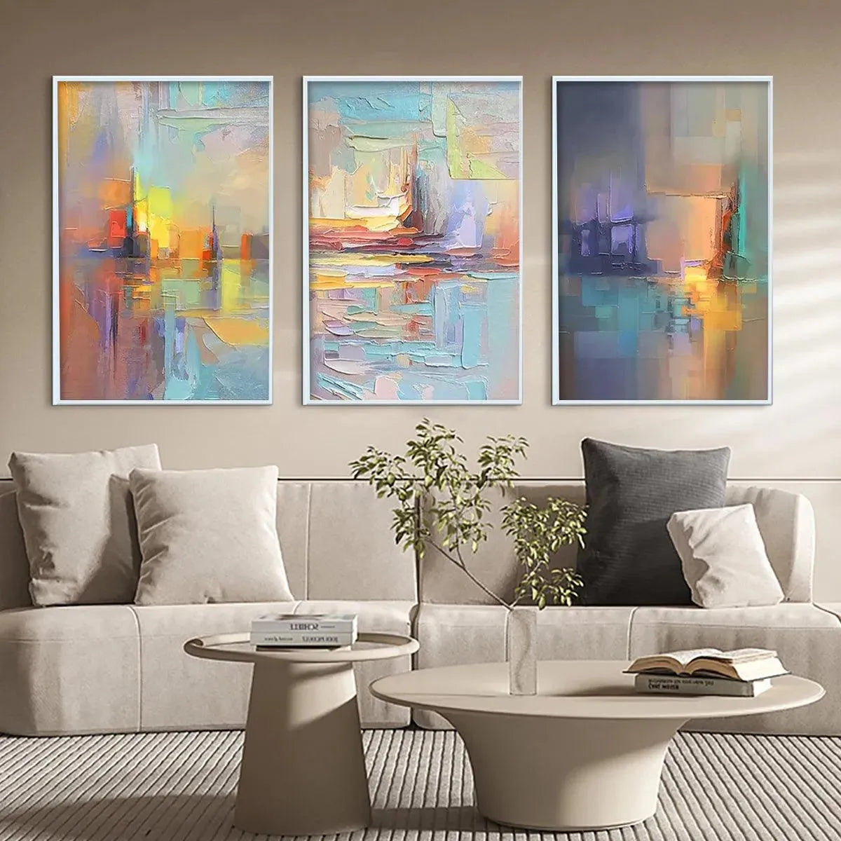 Abstract seascape triptych artwork by Isabella Rossi, featuring impasto style with vibrant colors and textured brushstrokes.