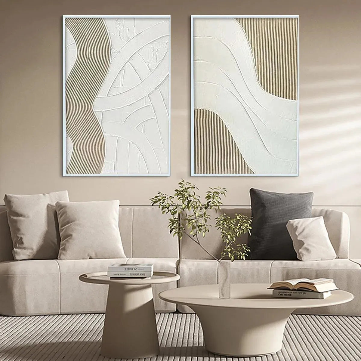 Textured White Lines Diptych: Two minimalist paintings with raised white and beige lines, displayed in a modern living room.