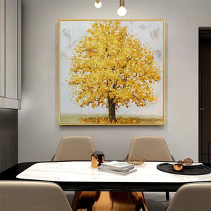 Golden Majesty textured tree painting by Willow Davies, square wall art for modern home decor, autumn colors.