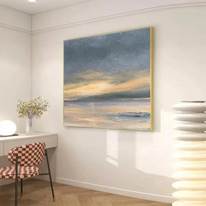 Stormy Seascape painting by Liam O'Connell, square framed wall art with dramatic ocean in grey, yellow, and blue hues