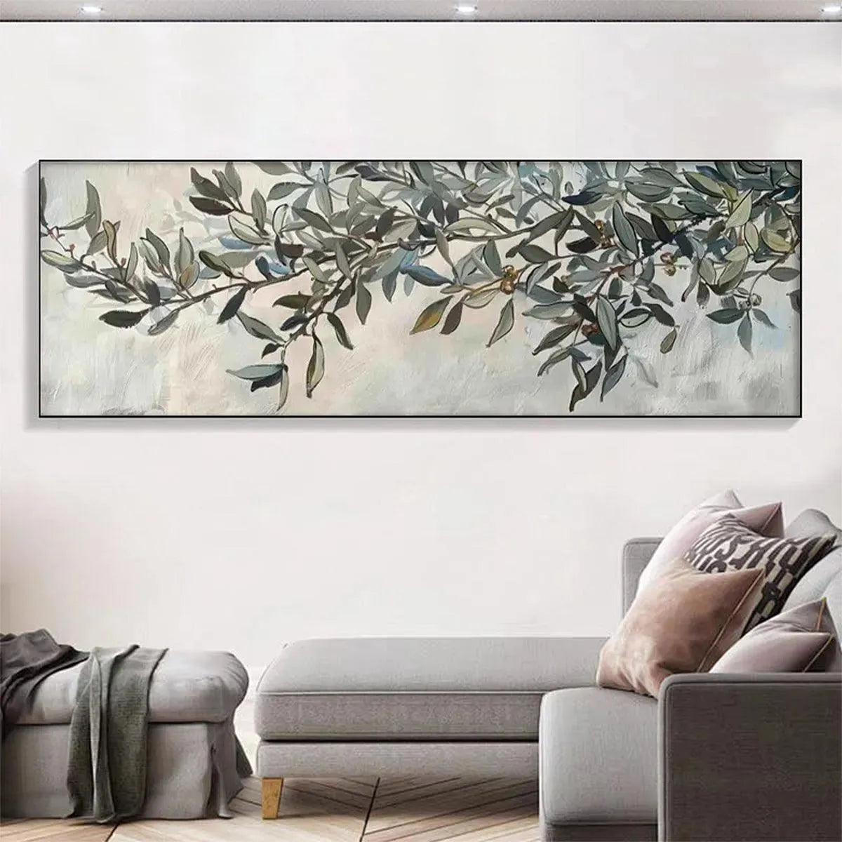 Liam O'Connell olive branch panoramic wall art with muted green leaves on textured background.