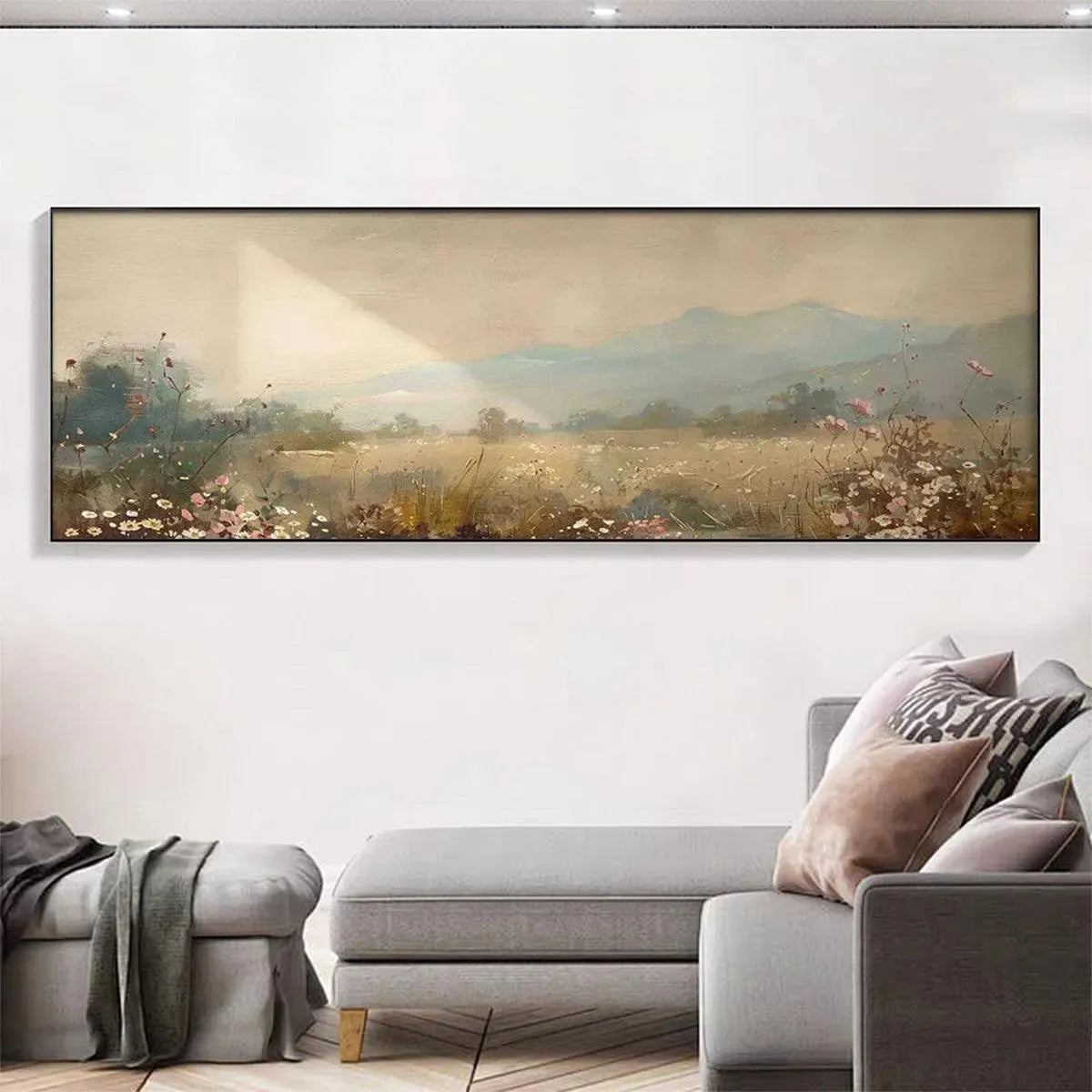 Meadow Valley Panoramic landscape painting by Liam O'Connell, showcasing wildflowers and misty mountains in a sunlit field.