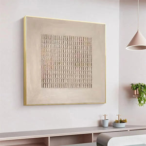 Beige Grid textured painting by Javier Ramirez in a modern living room setting, showcasing scale and aesthetic.