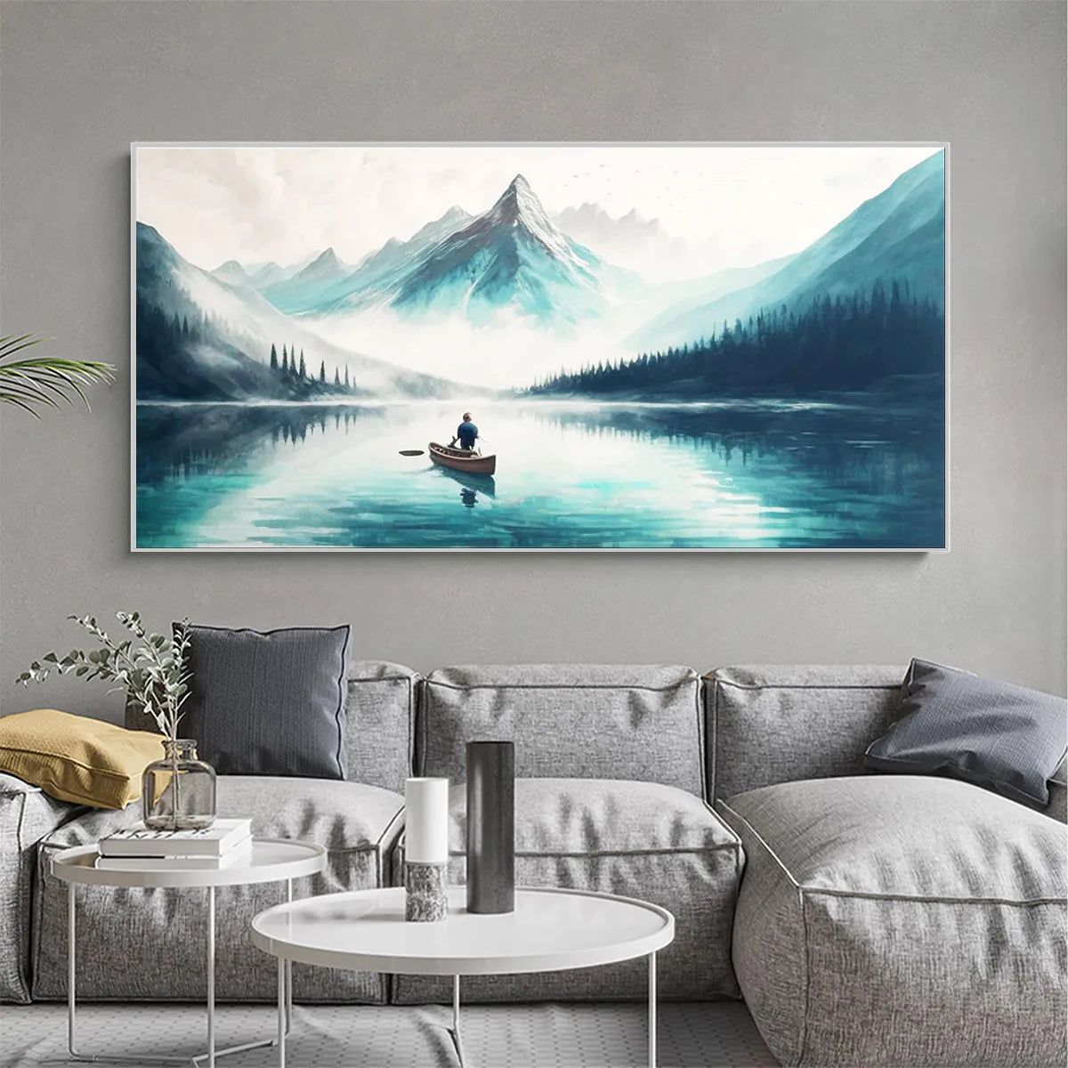 SOLITUDE'S EMBRACE: Panoramic Lake and Mountain Landscape Oil Painting with Canoe