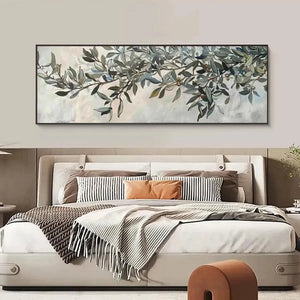Liam O'Connell olive branch panoramic painting in black frame above modern bed in bedroom