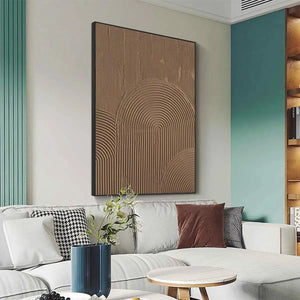 BROWN TEXTURED ARCH painting by Javier Ramirez, textured brown arches artwork, framed and displayed in a living room setting.