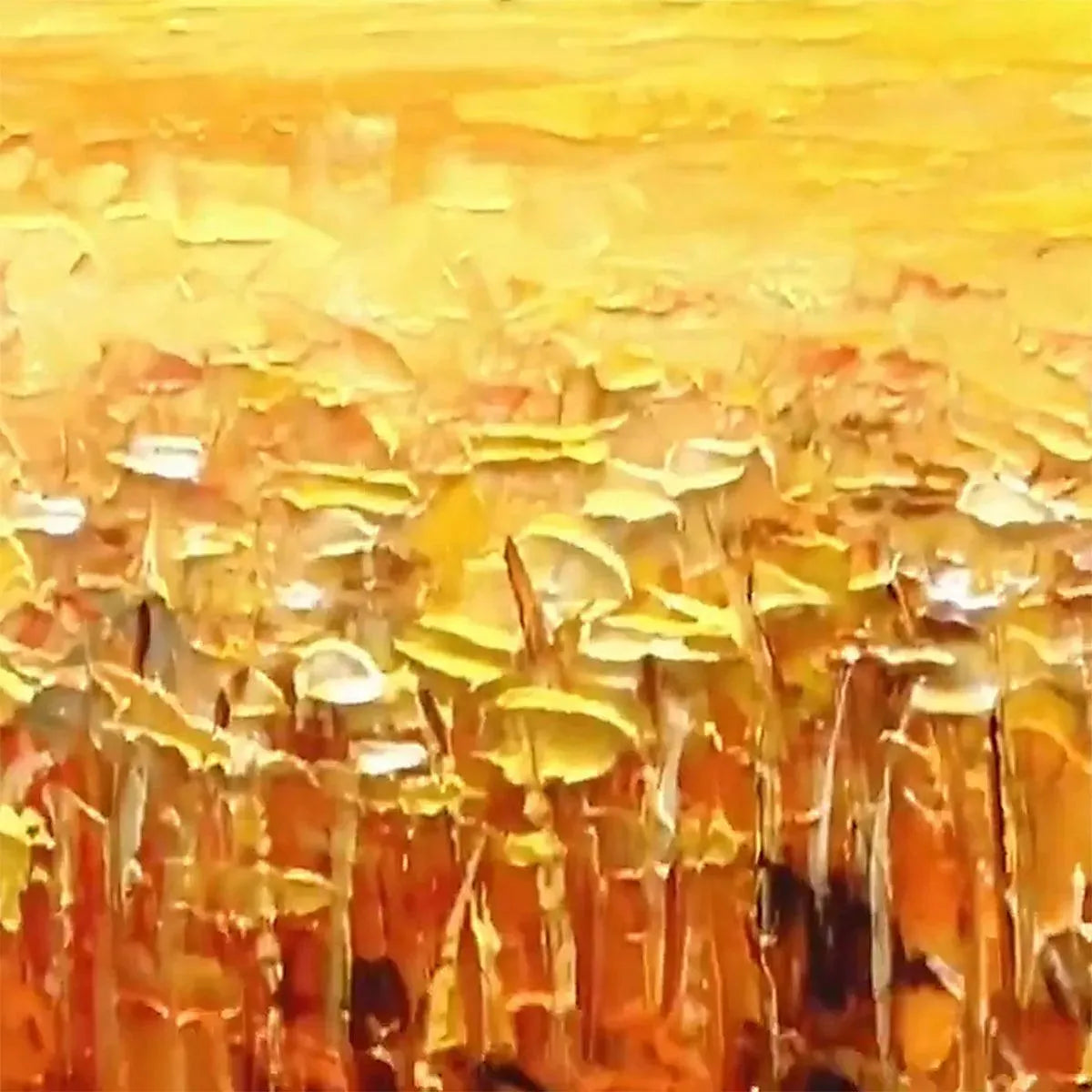 Impasto texture of Golden Harvest painting by Isabella Rossi: thick yellow-orange brushstrokes in a golden field.