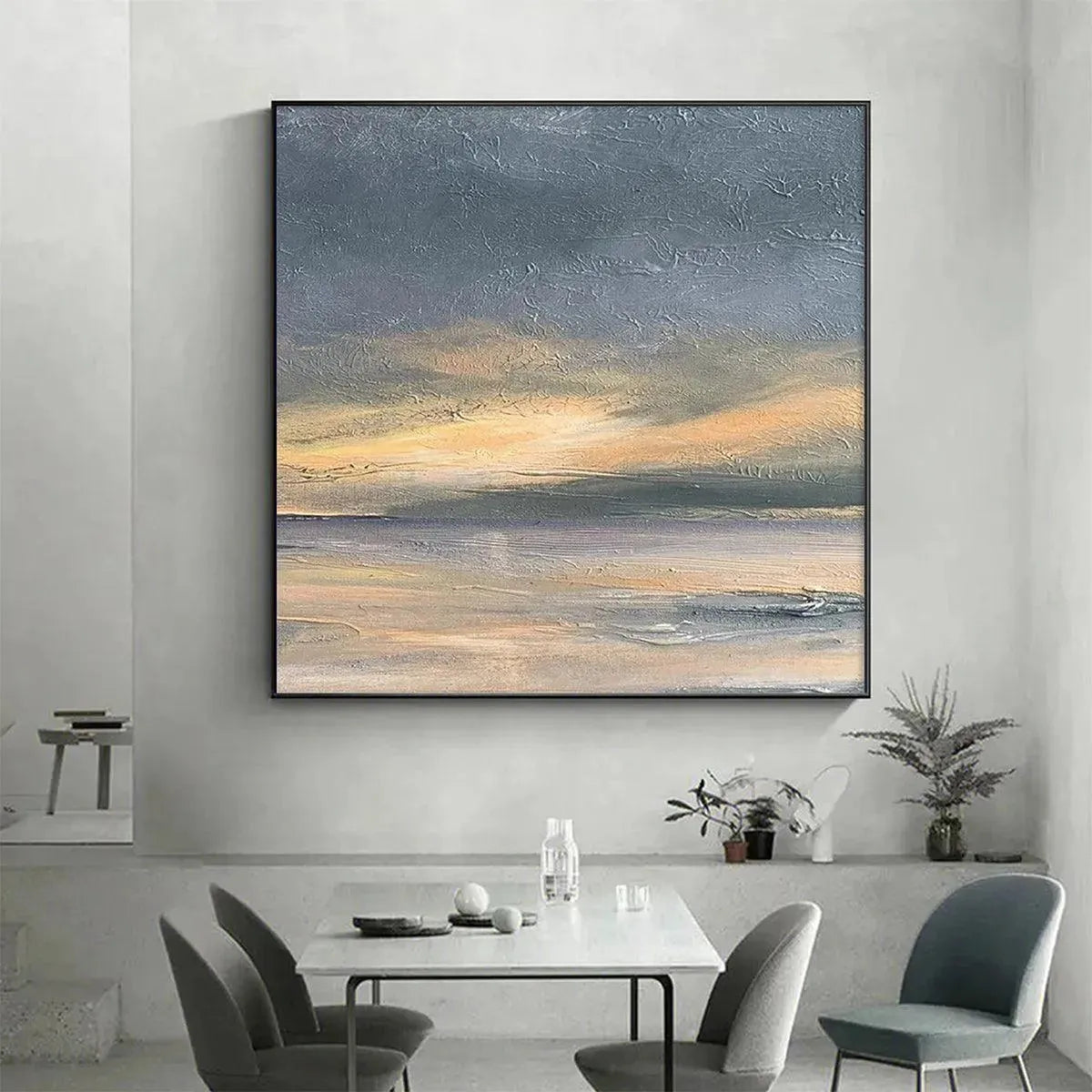 Stormy Seascape by Liam O'Connell, square wall art with dramatic ocean in gray, yellow, and blue hues, framed.