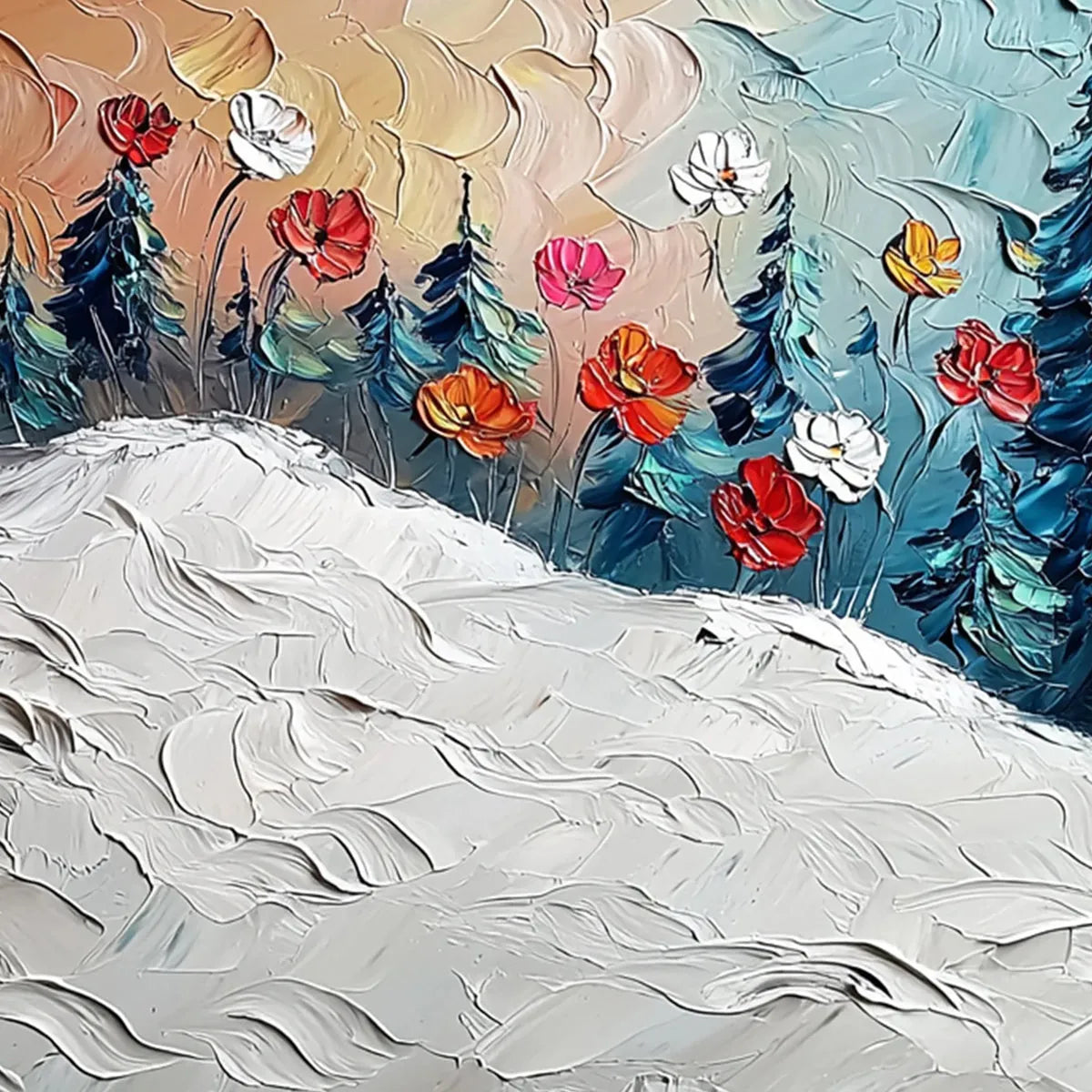 FROZEN BLOOM: Textured Impasto Landscape with Floral Accents
