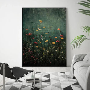 MEADOW'S EMBRACE floral art by Elodie Dubois. Vertical framed painting with wildflowers, dark green backdrop, modern decor.