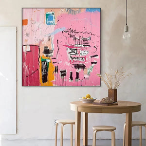 Pink Expression abstract painting with bold pink & black marks, vibrant blocks, displayed in a contemporary dining room.