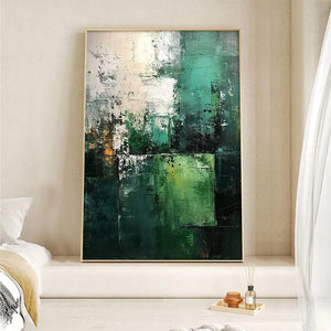 Impasto Green Abstract painting by Isabella Rossi. Vertical framed wall art, modern decor with green, white, and gold tones.