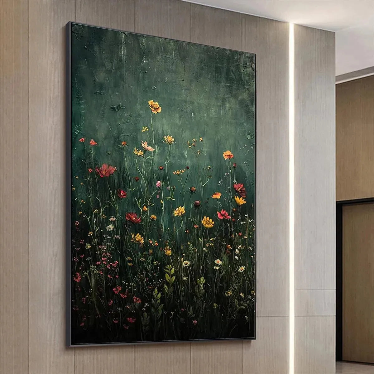 Meadow's Embrace Elodie Dubois floral painting, vertical wall art, framed artwork, vibrant colors, modern home decor