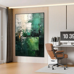 Impasto Green Abstract painting by Isabella Rossi. Vertical framed wall art, modern decor with green, white and black tones.
