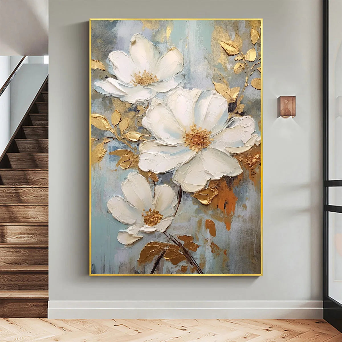 GOLDEN BLOSSOMS: Vertical Textured Floral Painting, Impasto White Flowers, Gold Accents, Living Room, Bedroom