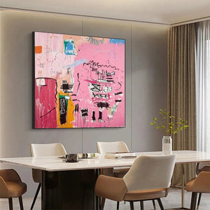 Pink Expression abstract art: vibrant pink, multi-color blocks, bold black lines, black frame in modern dining room.