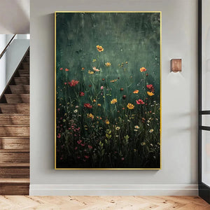 Meadow's Embrace floral art by Elodie Dubois, vertical framed painting, wildflowers, dark green background, gold frame.