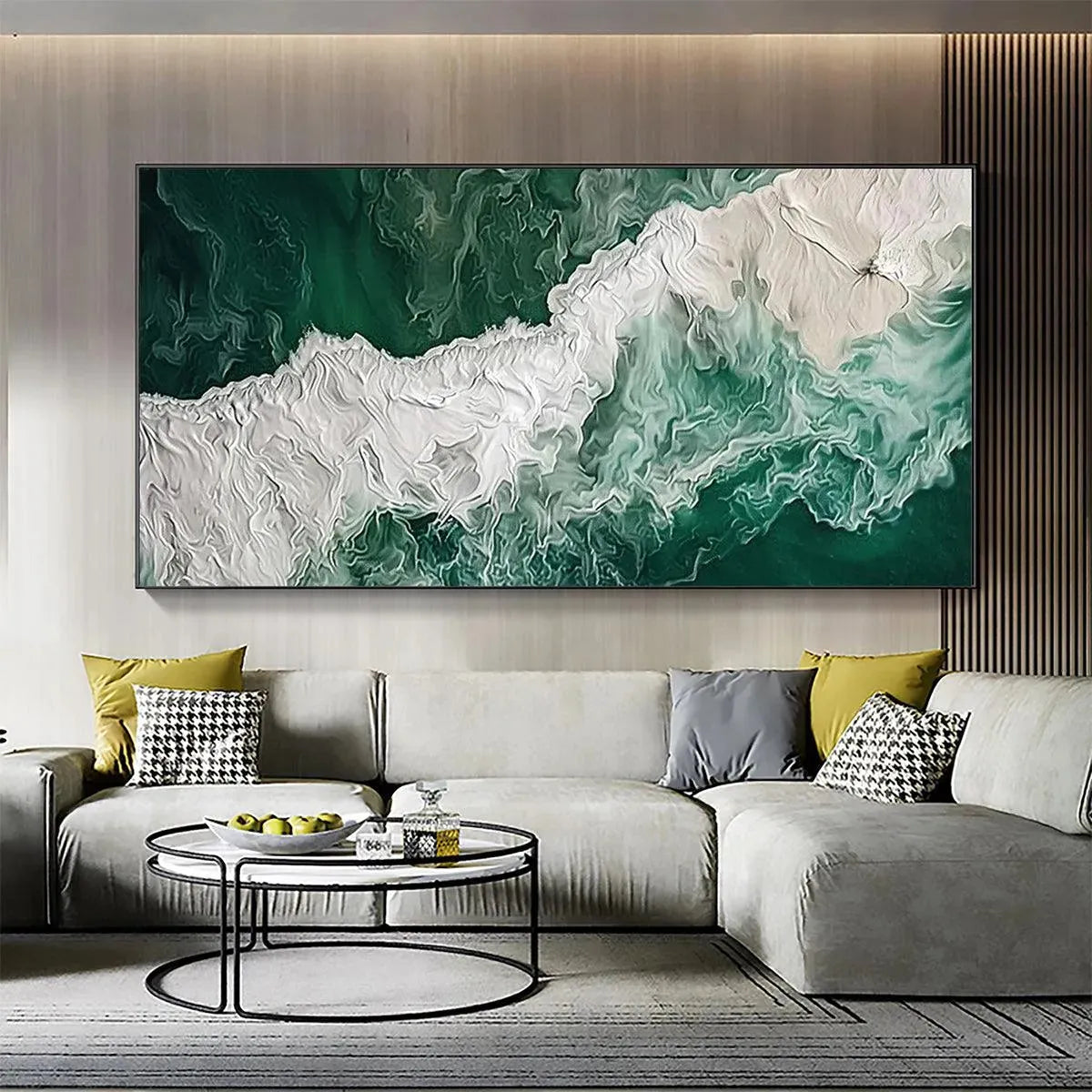 Emerald Flow horizontal abstract ocean art, green & white, displayed above a grey sofa in modern living room.