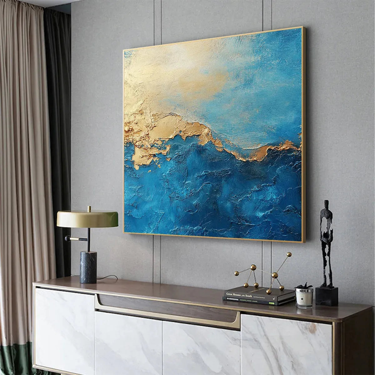 GILDED TIDEPOOL: Square Abstract Oil Painting with Gold Leaf and Blue