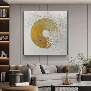 Golden Harmony abstract painting: textured gold spiral on white background with raised white elements.
