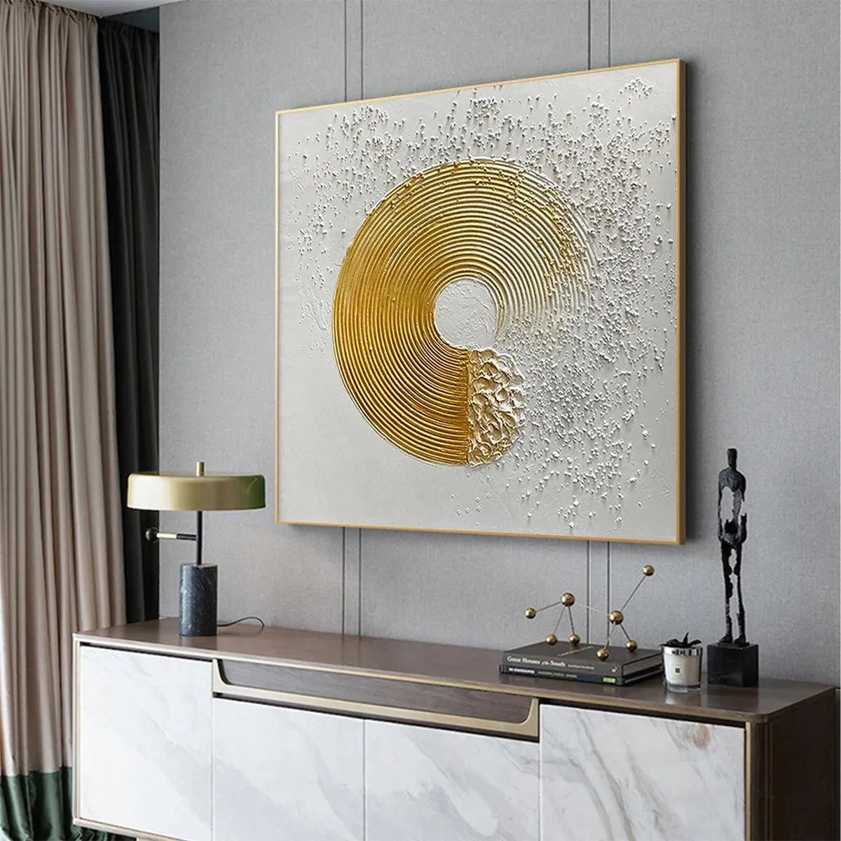 Golden Harmony square abstract painting, textured gold concentric circles on white background, Javier Ramirez
