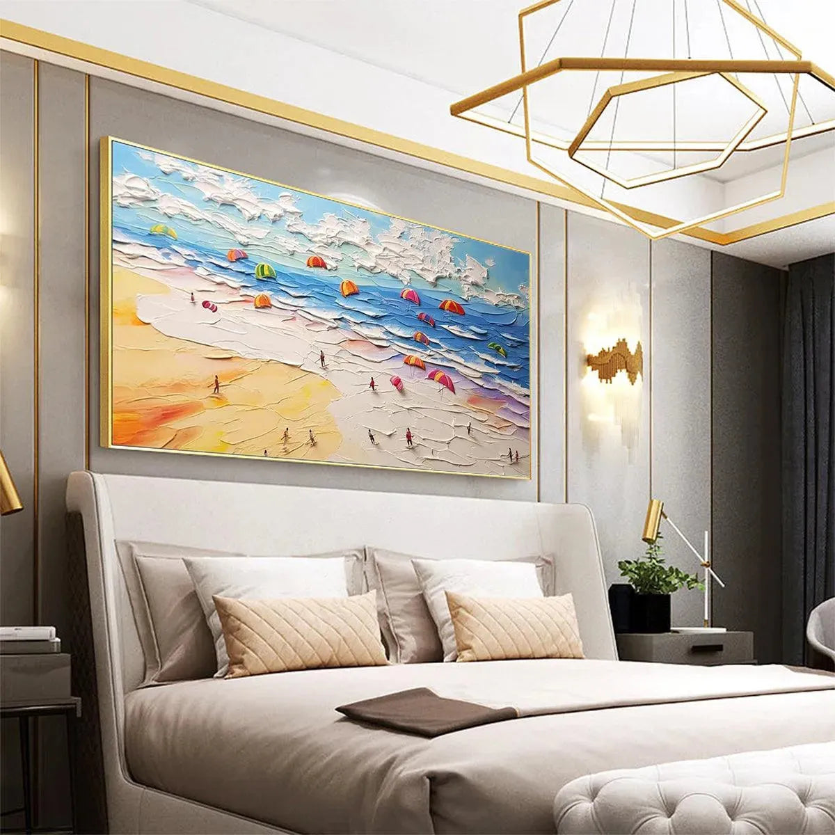 Seaside Celebration beach painting by Liam O'Connell, impasto with umbrellas, framed, displayed above a bed.