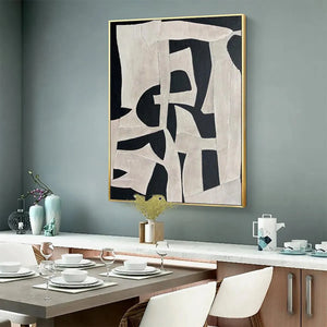Javier Ramirez abstract art, framed, black and white painting. Modern home decor, minimalist design for a dining room.