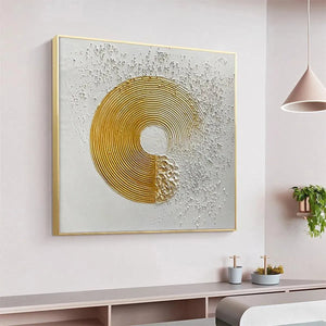 Textured gold concentric circle abstract painting with scattered white details on white background, 3D wall art.