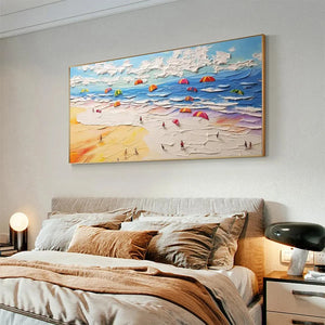 Seaside Celebration painting by Liam O'Connell, beach scene with umbrellas, impasto art, above bed.