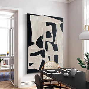 Javier Ramirez black and white abstract painting. Modern art for home, framed canvas, minimalist design.